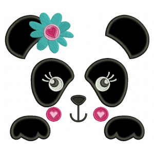 Girl Panda Bear Outline With Flower and a Heart Applique Machine Embroidery Digitized Design Pattern